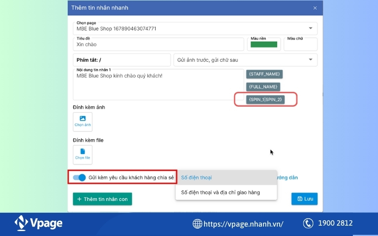 Tạo cách diễn đạt khác cho câu trả lời bằng lệnh {SPIN _1|SPIN_2}